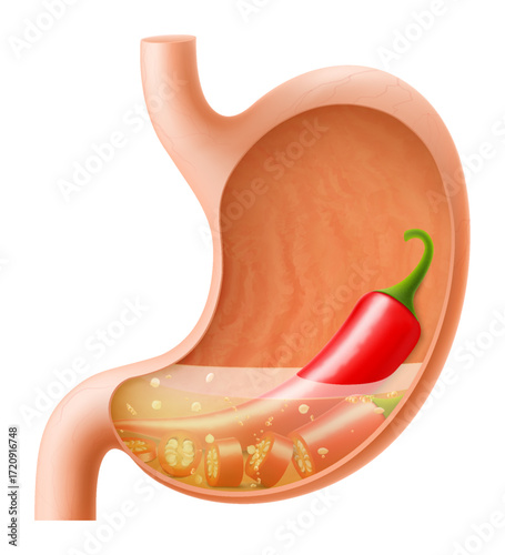 Human Stomach with chili pepper. The stomach digests chili pepper. A stomach filled with wholesome food. Proper nutrition. Realistic 3d Vector illustration. Food digestion process illustration