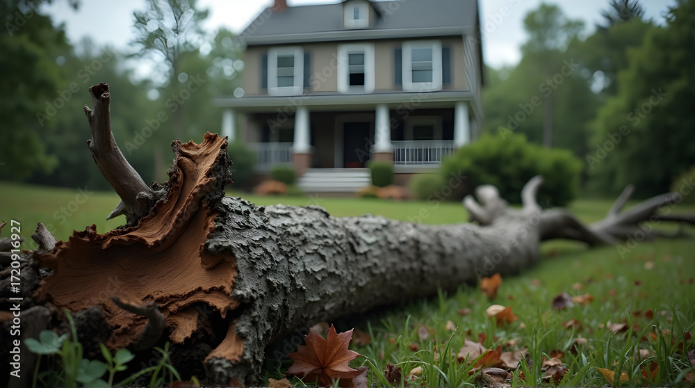 Fototapeta premium Fallen tree in front yard of old house after storm damage