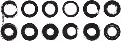 Set of black grunge rectangles circles shapes on a white background. Paint brush stamp collection.Vintage grunge boxes for collage, text, banner, sticker, poster design.Grunge round shape