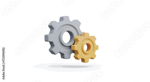 Two interlocking 3D gears, one large silver and one small gold, rotating together on a white background.