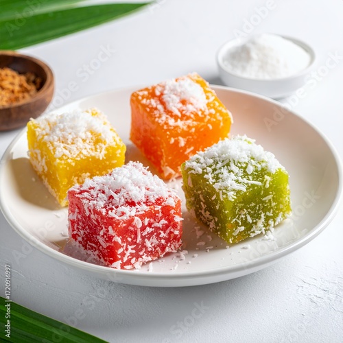 Colorful layered jellies adorned with shredded coconut on a clean white surface