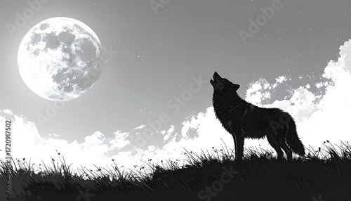Silhouetted wolf at night under a full moon