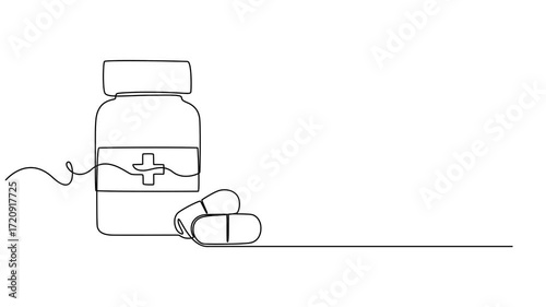 Self drawing line animation medicine jar pills continuous one single line drawn concept video, Doodle animation with a bottle of medicines and pills in one line on a white background. Self-drawing.