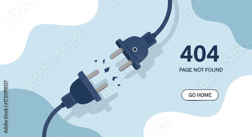 Website error page 404 design with disconnected plug, perfect for developers and IT professionals needing a clean, modern error message