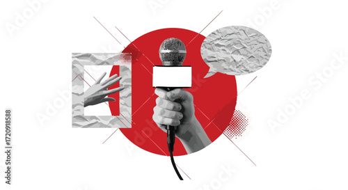 Collage illustration depicting a hand holding a microphone, a speech bubble, and a framed image of hands, symbolizing communication, news, and social dialogue.