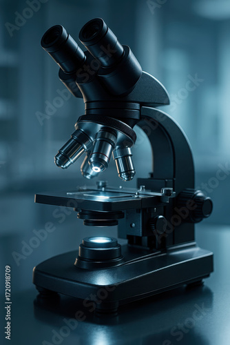 Microscope's Introspection: a state-of-the-art laboratory microscope, the lens is an instrument of science, reveals the intricate world of scientific examination 