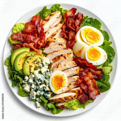Delicious cobb salad presented on white background, a balanced nutritional dish
