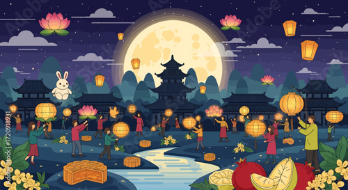 Illustration of people celebrating the Mid-Autumn Festival with lanterns and mooncakes under a full moon.