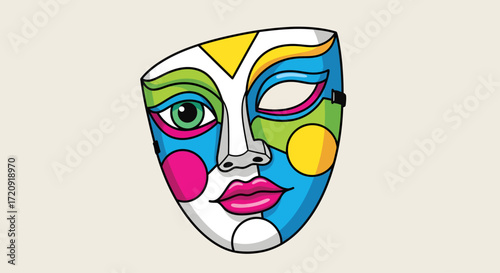 A vibrant and colorful abstract mask with a cubist design, featuring geometric shapes and one open eye.