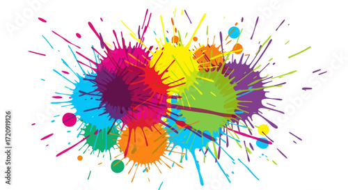 A vibrant explosion of colorful paint splatters creating an abstract artistic design on a white background.