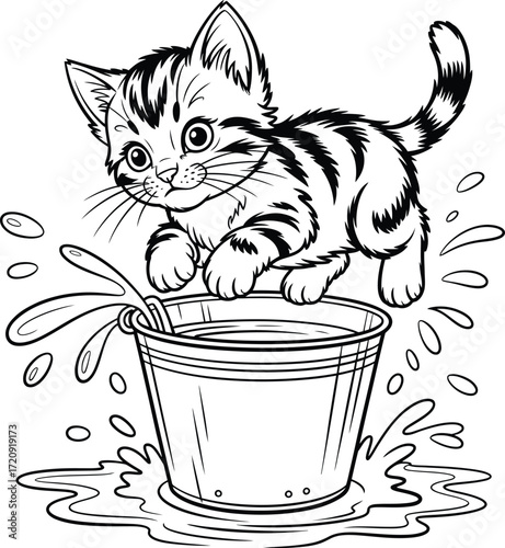 Adorable vector illustration of a playful kitten splashing in a bucket of water, perfect for children's books and pet-themed art.