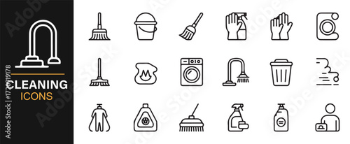 Disinfectant and cleaning icons editable stroke vector pack janitor symbols