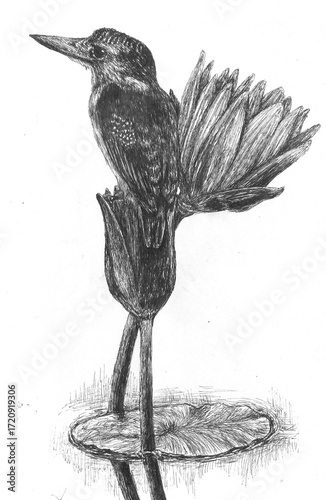 Fotografie Kingfisher on waterlily illustration, drawing, art, Pygmy kingfisher, black and