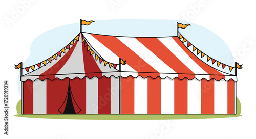 A colorful illustration of a large red and white striped circus tent with decorative flags and bunting.