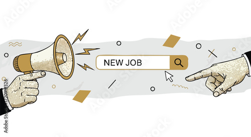 Announce exciting career opportunities with a megaphone and search bar urging 'New Job' for immediate professional growth and recruitment success