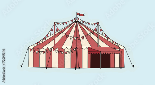 A classic red and white striped circus tent with bunting and a flag on a light blue background.