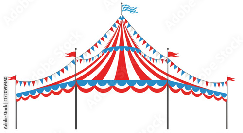 A classic red, white, and blue striped circus big top tent with decorative pennant banners and flags against a plain white background.