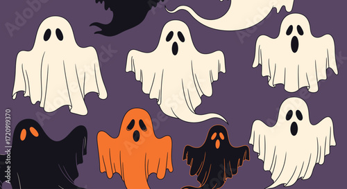 A collection of cute and spooky cartoon ghosts in white, black, and orange, floating against a purple background for Halloween.