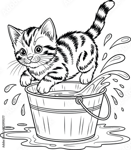 Vector illustration of a cute kitten playing with a bucket of water, perfect for cat lovers and animal-themed designs.