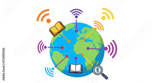 Illustration of planet Earth surrounded by Wi-Fi signals, books, and a magnifying glass, symbolizing global connectivity, online learning, and information access.