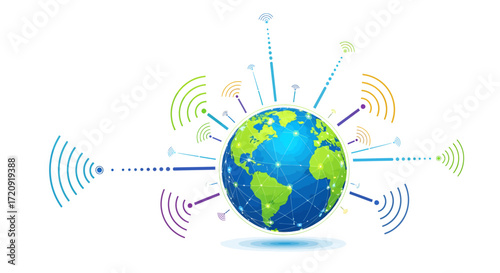 Global communication concept showing planet Earth with antennas broadcasting wireless signals worldwide.