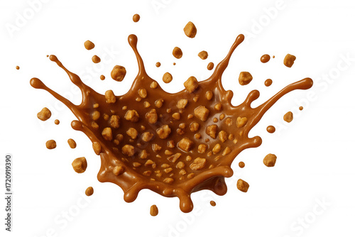 Caramel dessert sauce liquid splash with toffee crunch candy pieces exploding, transparent background