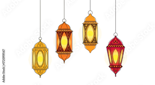 An illustration of four colorful, glowing Islamic Fanoos lanterns hanging for a Ramadan celebration.