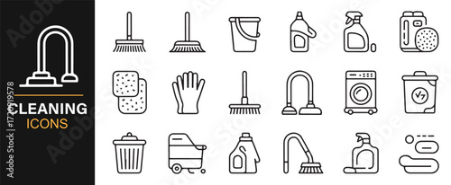 Cleaning equipment vector set editable stroke icons detergent bucket brush