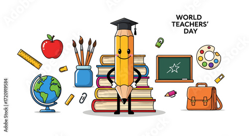 World Teachers' Day celebration with a cute pencil character, books, and various school supplies on a white background.