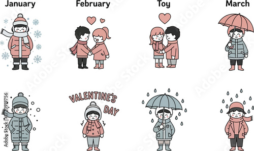 Seasonal illustrations depicting months and holidays with cartoon figures in winter clothing and weather