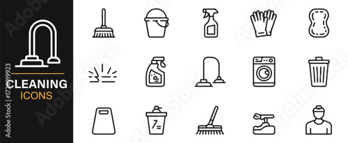Janitorial cleaning icons set outline style vector mop brush bucket designs