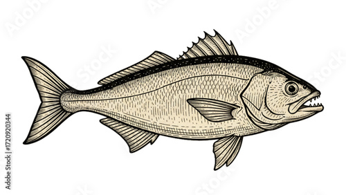 Vintage engraved illustration of a predatory fish with fins and scales isolated on white background, detailed hand-drawn marine life artwork
