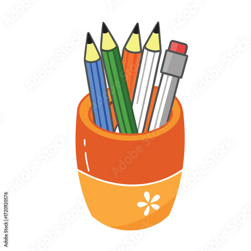 Colorful writing instruments in a decorative holder pencils pens