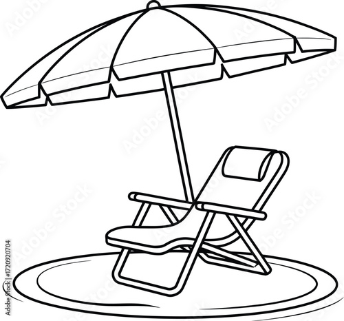 Vector Illustration of a Beach Umbrella and Reclined Lounge Chair by the Water, Emphasizing Relaxation and Summer Leisure in Vector Style.