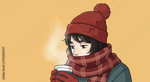 A woman in winter clothes holding a steaming drink against a plain yellow background illustration