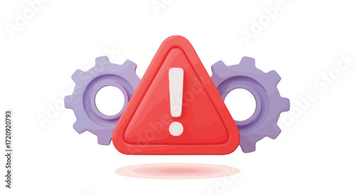 A red warning triangle with a white exclamation mark, symbolizing an alert or error, is placed between two purple gears, suggesting a mechanical or system issue.