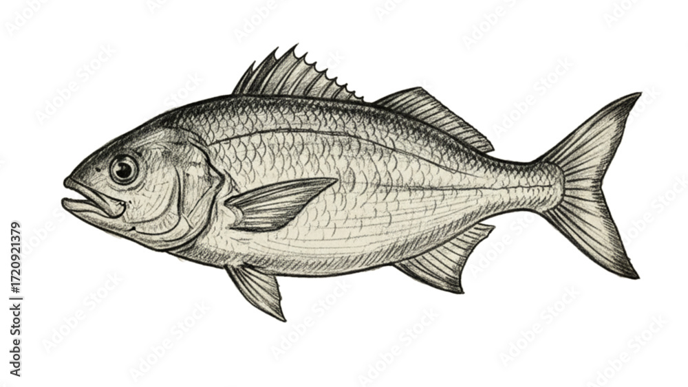 Obraz premium Vintage engraved illustration of a realistic fish with fins and scales isolated on white background, detailed hand-drawn marine life artwork 