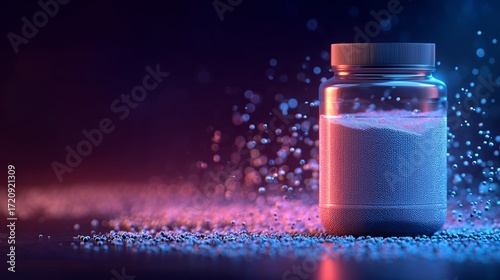 Creatine jar with energy particles around, abstract neon background, futuristic fitness concept