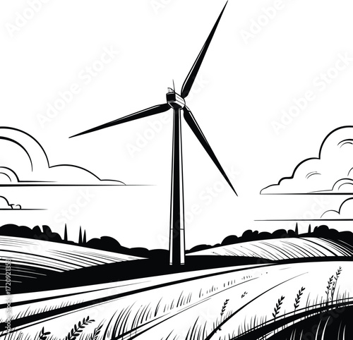 Vector Illustration of a Wind Turbine Spinning in a Rural Landscape, Emphasizing Renewable Energy and Sustainability in Vector Style.