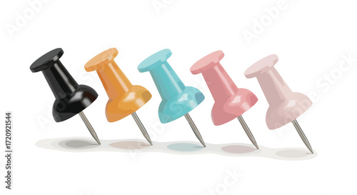 A row of five multicolored plastic pushpins with sharp metal points lined up diagonally on a clean white surface.