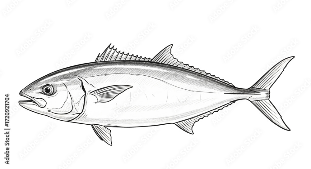 Fototapeta premium Black and white line drawing of a tuna style fish with fins and scales isolated on white background, detailed hand-drawn marine life illustration 