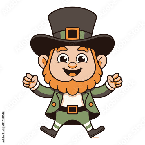 A happy leprechaun with a big hat, jumping with excitement and spreading the luck of the irish for st patricks day celebration
