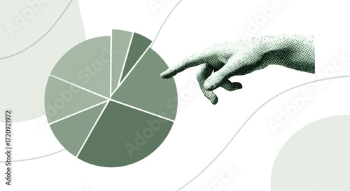 Dynamic hand pointing at diverse pie chart segments symbolizing data analysis and strategic decision making for business growth