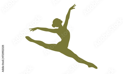 Golden silhouette of a graceful female dancer performing a split leap with artistic, natural movement