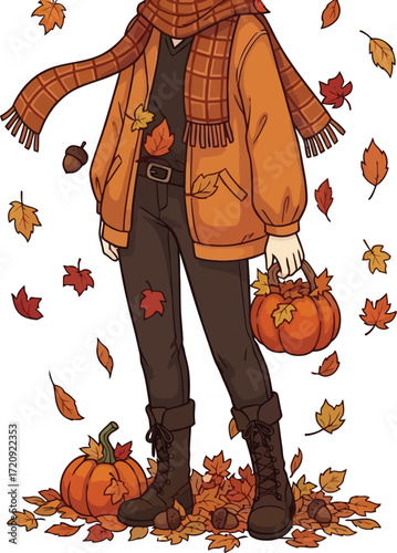 Cartoon figure in autumn attire surrounded by falling leaves and pumpkins on a white background