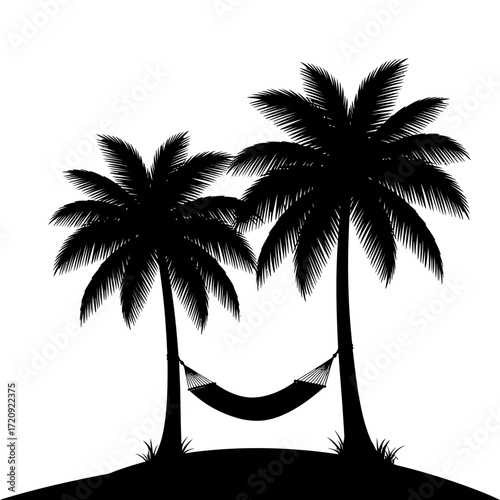 Silhouette of two palm trees with a hammock on a tropical island for relaxation and vacation