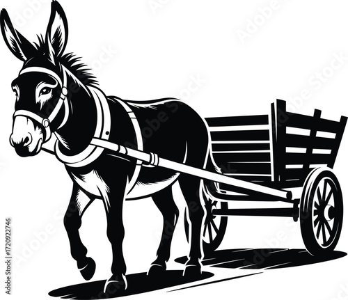 Vector Illustration of a Donkey Pulling a Wooden Cart in Traditional Style, Emphasizing Rural Life and Transport in Vector Art.