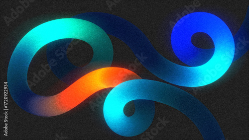 Abstract grainy background with glowing colorful twisted lines and retro film effect.