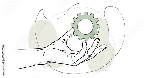A detailed line drawing of a human hand gently holding a single green gear, set against a subtle abstract background.