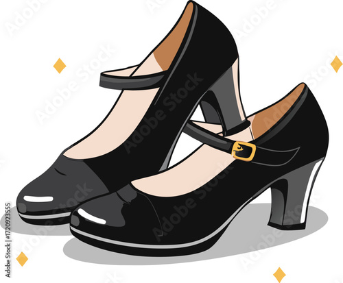 Black high heel shoes with ankle straps and gold buckles heels